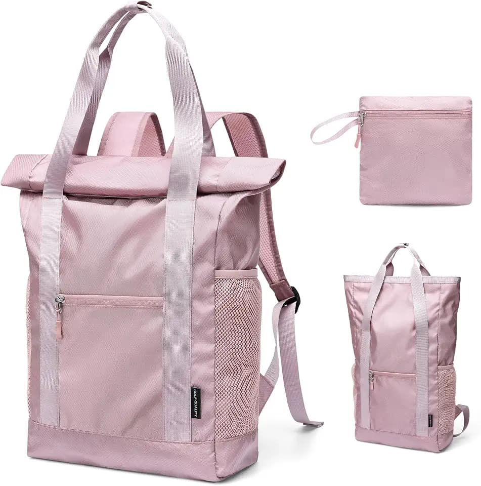 Foldable Convertible Tote Backpack Lightweight Versatile Nylon Daypack for Women Work Leisure Travel,Berry Pink