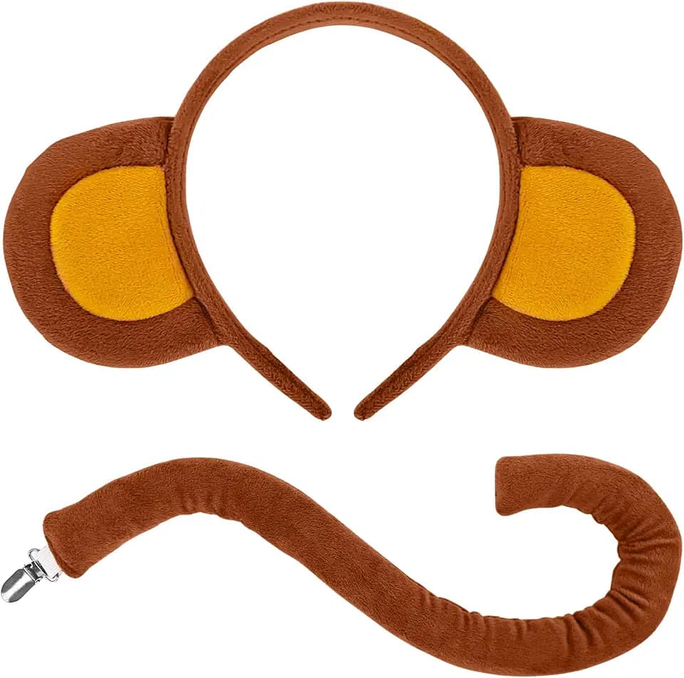 Affen Kostüm Set, Affen Ohren Und Schwanz Affenkostüm mit Schwanz Stirnband Tierkostüm für Erwachsene Halloween Karneval Party