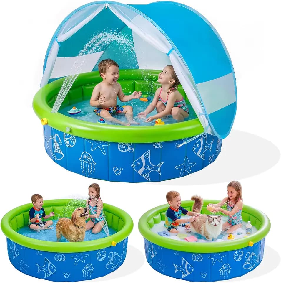 Kids Pool for Toddler, 47in Foldable Kiddie Pool with Canopy & Sprayer
