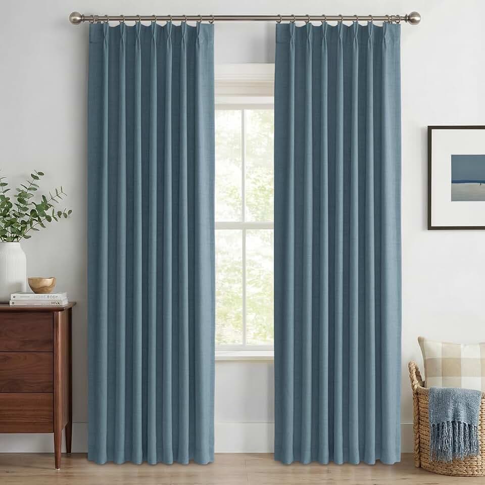Stone Blue Total Blackout Linen Pinch Pleated Curtains 96 Inches Long