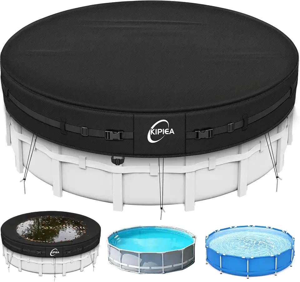 Kipiea Heavy Duty 500D 18ft Round Pool Cover for Above Ground Pools, Swimming Pool Cover with Full Circle Straps, Anti-Slip Straps and Tent Stakes, Featuring Windproof, Waterproof and Dustproof Design