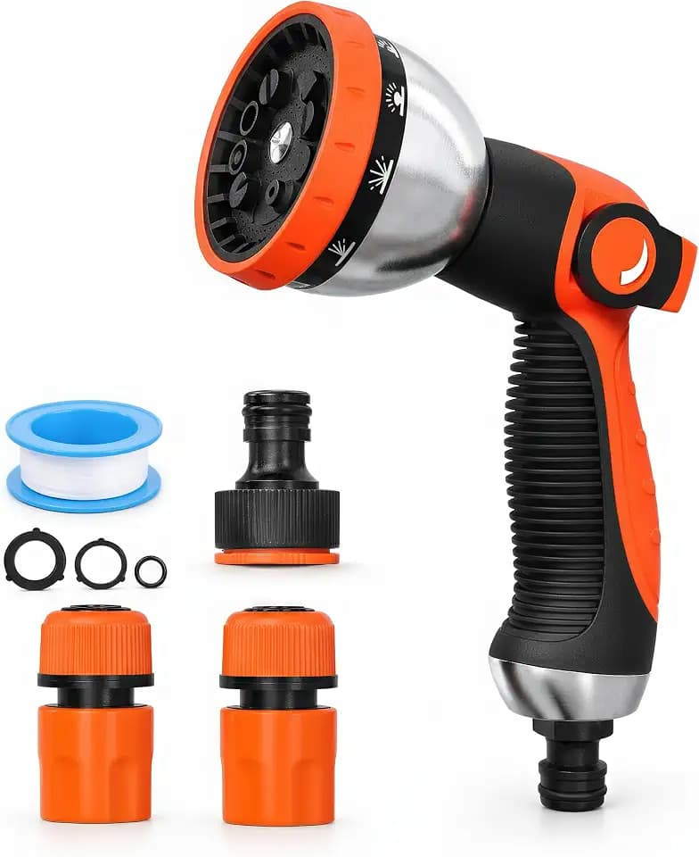 10-Funktionen Gartenbrause, Hochdruck Handbrause Garten-Spritzpistole, Einhandbedienung Wasserspritze für Pflanzenbewässerung, Rasenbewässerung, Fahrzeugwäsche (Orange)