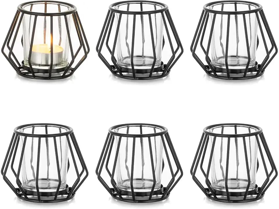 Romadedi Teelichthalter Metall Schwarz, 6er Set mit Glas