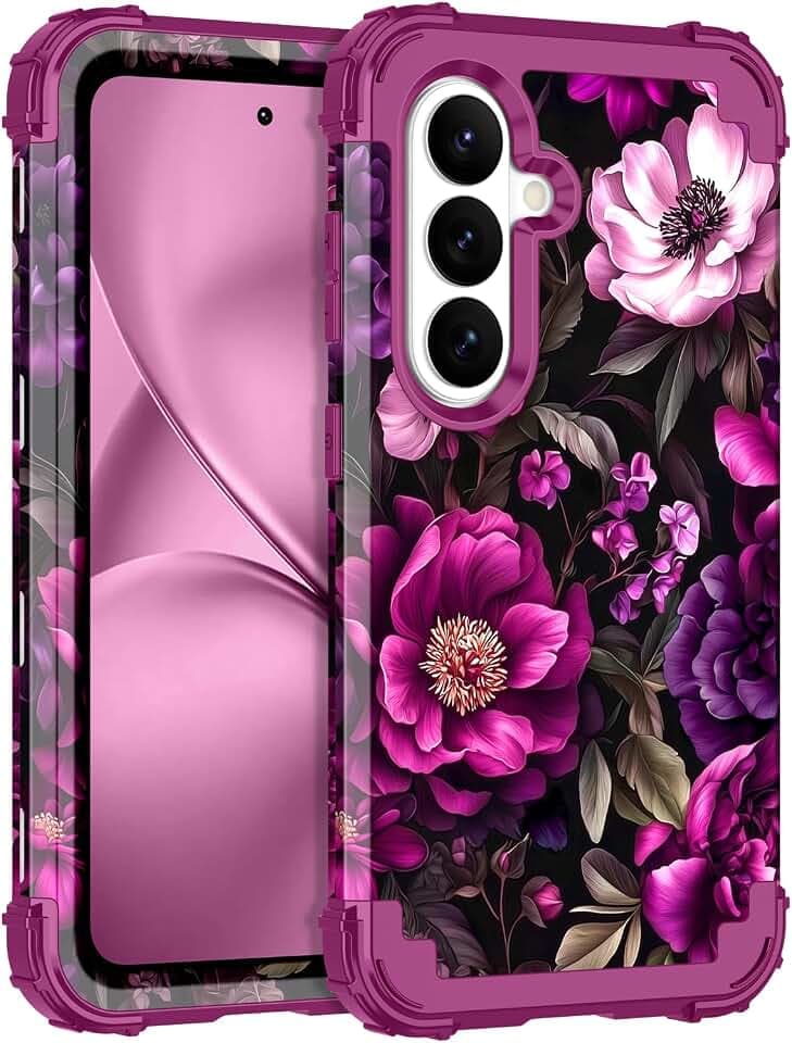 LONTECT for Galaxy S26 5G Case Shockproof 3 in 1 Heavy Duty Rugged Hybrid Sturdy High Impact Drop Protective Cover Flower Case for Samsung Galaxy S26 5G 2026,Magenta
