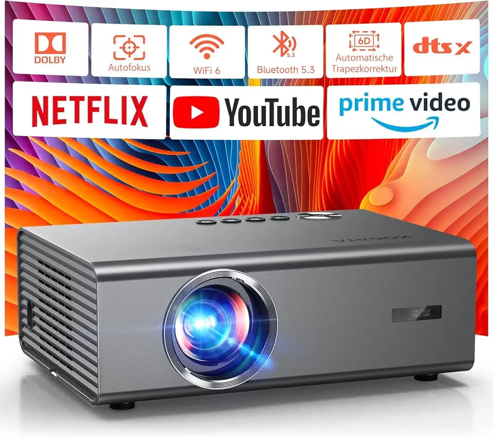 KOGATA 4K Smart Beamer mit Netflix-App, Kinoähnlichem Sound & HDR | Auto-Fokus, 6D Keystone, WiFi 6 & Bluetooth | Heimkino-Projektor für Garten & Streaming