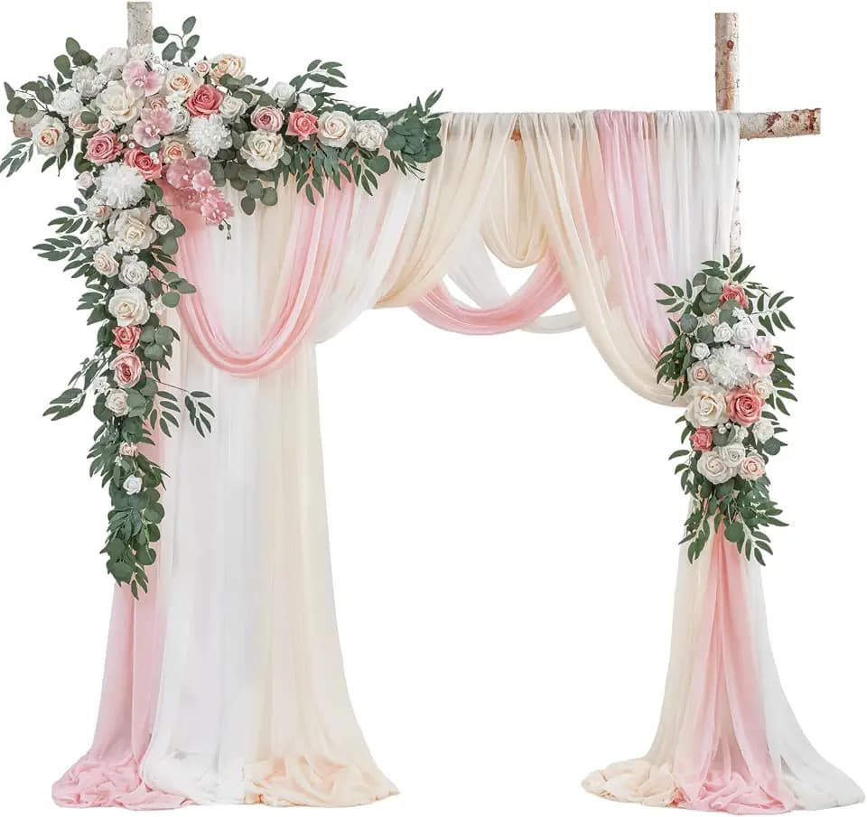 TINGE TIME Wedding Arch Flowers Kit - Deluxe 5pcs Artificial Floral Swag with 3 Sheer Drapes, Realistic Silk Flower Arrangements for Wedding Ceremony Arbor Backdrop Reception Party Home Decor