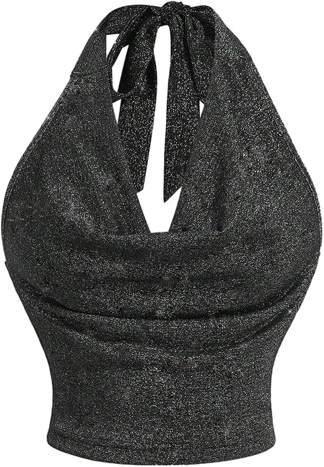 MakeMeChic Women's Sparkly Halter Top Draped Front Tie Back Sleeveless Club Tank Crop Tops