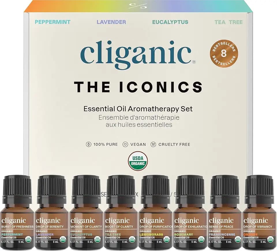 Cliganic Organic Essential Oils Set for Home Diffuser, 100% Pure, Top 8