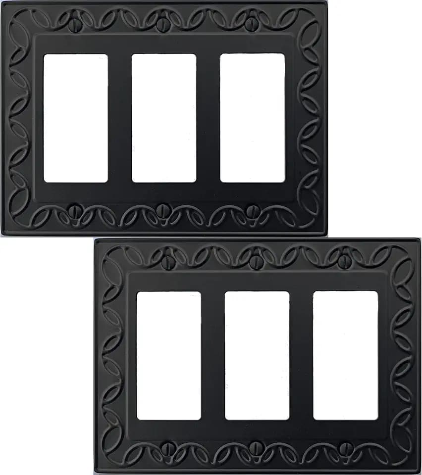 OKAWYC Triple Decorator Light Switch Cover NovaBloom Metal Wall Plate, 2-Pack Black 3 Gang Triple Rocker, Receptacle Dimmer Switch Cover GFCI Outlet Decorative Wallplate, Durable