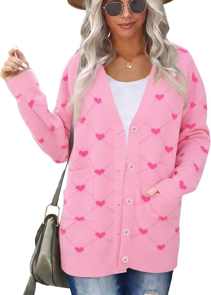 LUKYCILD Valentine Cardigan Sweaters for Women Button Down Sweater with Pockets Cute Heart Print Open Front Knit