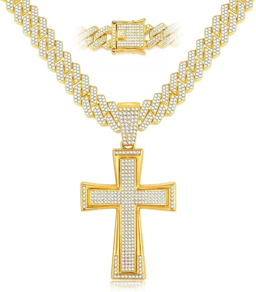 Mens Large Silver/Gold Cross Necklace Iced out Pendants Halloween Jewelry
