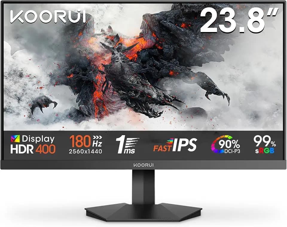 KOORUI G2421V 24 Zoll Gaming Monitor, 1ms 180Hz Fast IPS QHD 2560x1440 PC Bildschirm, HDR400 Adaptive Sync HDMI2.0/DP1.4 VESA 75x75mm