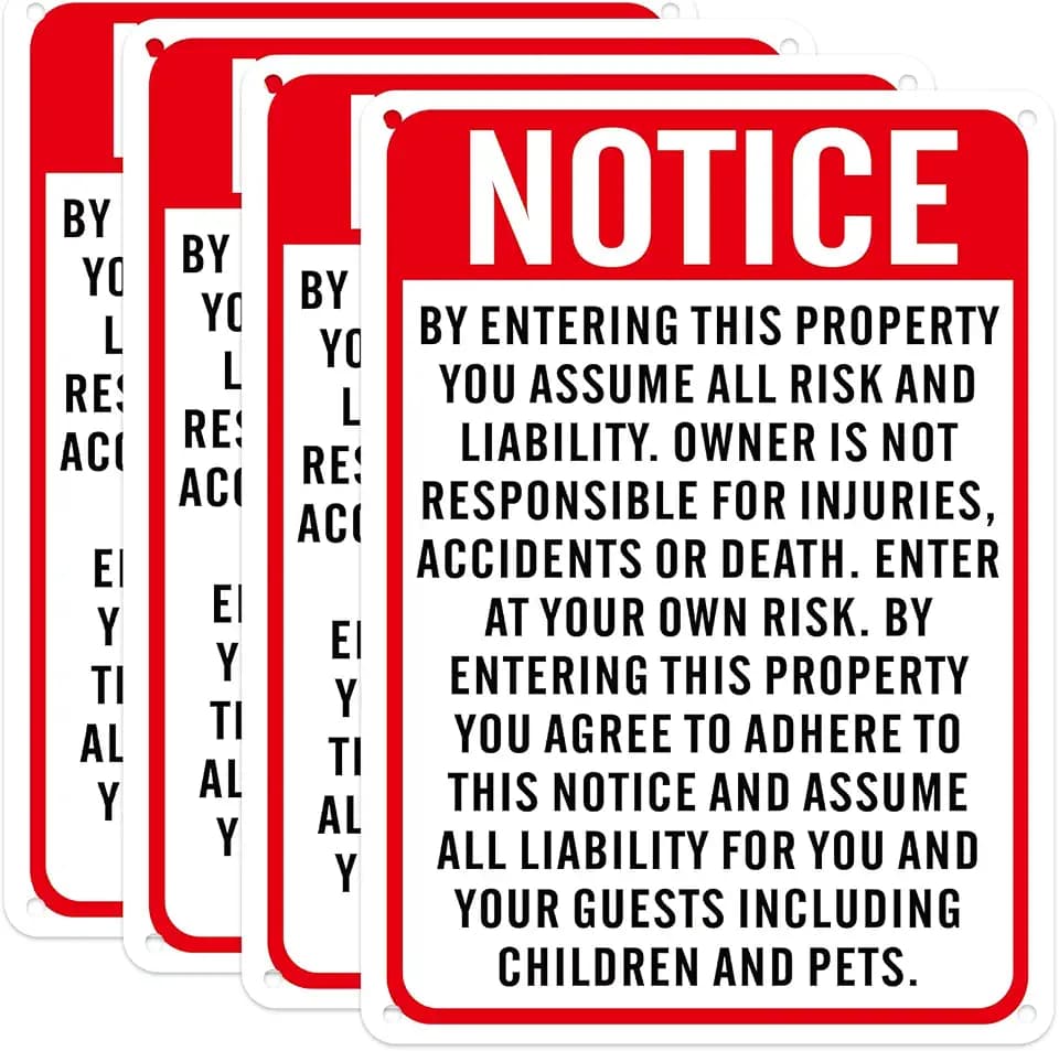 Tellegloww 4 Pcs Notice Enter at Own Risk Sign 10'' x 7" Reflective Aluminum Not Responsible for Injuries or Accident Sign Safety Security Caution Tag, Weatherproof, UV Protected (Red, White, Black)