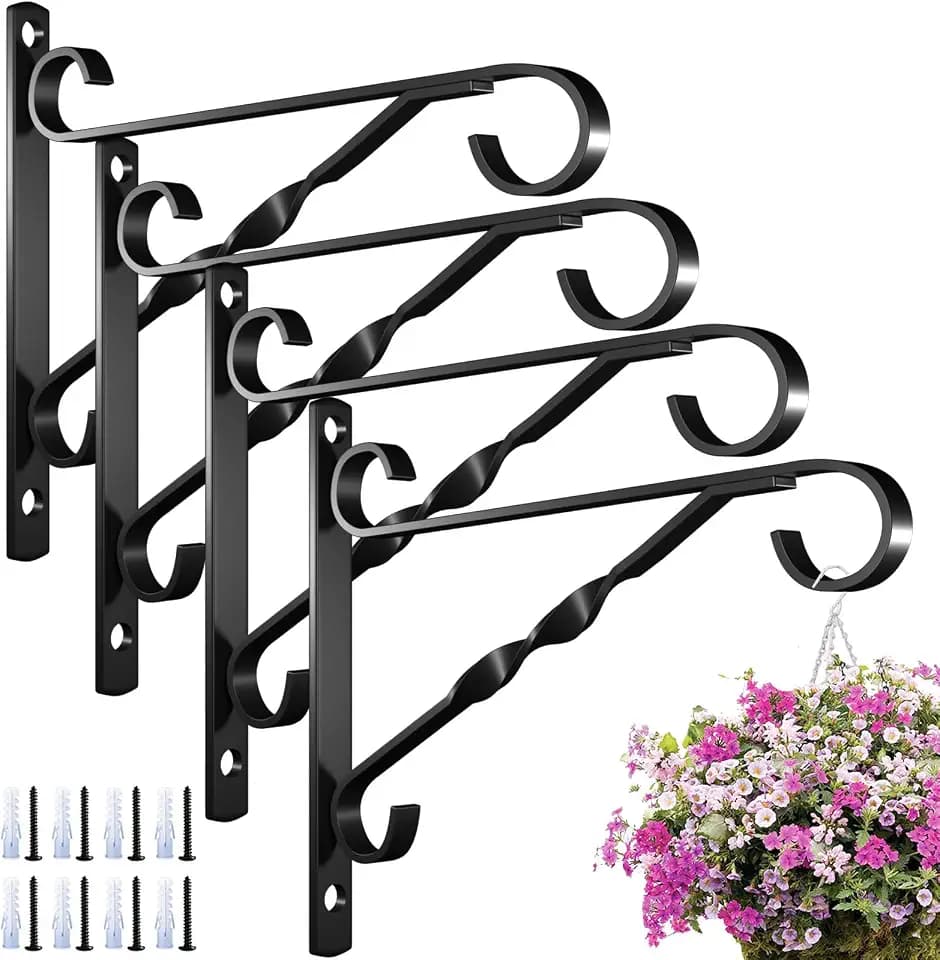 AMAGABELI GARDEN & HOME 4 Pack Hanging Plant Brackets Outdoor 12" Metal Fence Wall Plant Hanger Hooks for Hanging Flower Baskets Bird Feeders Lanterns Wind Chimes Rust-Resistant Black