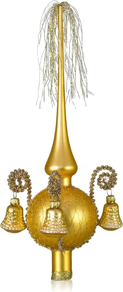 Lauschaer Glas Weihnachtsbaumspitze mit Formglöckchen Gold matt, umsponnen L ca. 28cm d(Kugel) 7cm Christbaumschmuckspitze mundgeblasen,handdekoriert, Leonischer Draht