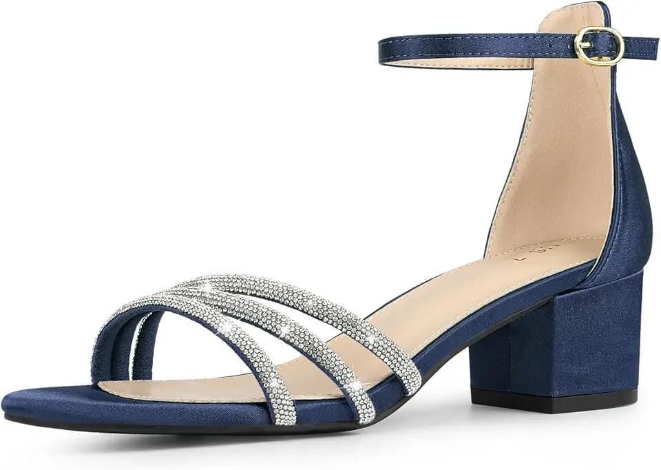 Perphy Women's Satin Rhinestones Open Toe Chunky Heel Sandals