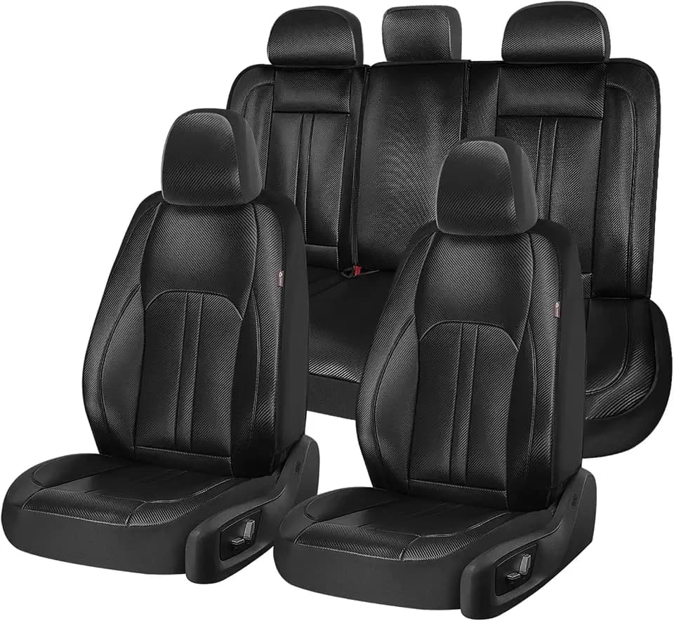 Coverado Leather Car Seat Covers Full Set & Carbon Fiber, Waterproof and Durable All Weather Protector, Universal Fit for SUV, Pickup Truck, Sedan, Automotive Vehicle Interior, Black