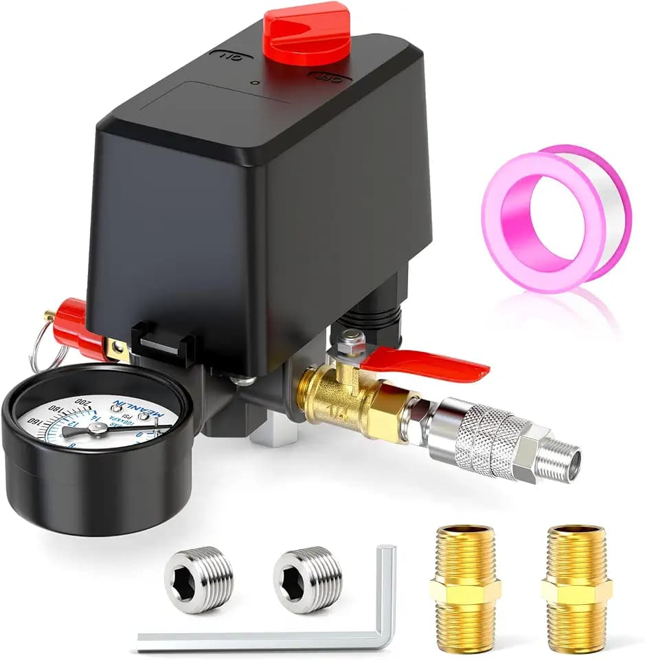 MEANLIN MEASURE Air Compressor Pressure Switch Control Valve 120-150 PSI 110V-240V 4-way Replacement Parts With 0-200 Psi Pressure gauge and Safety Pressure Relief Valve