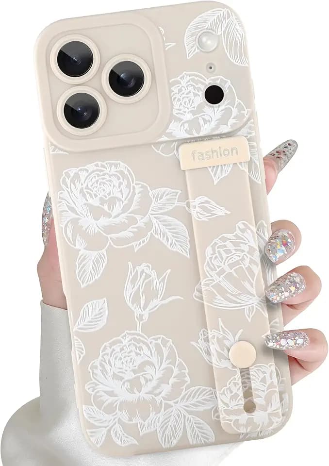 ZIYE for iPhone 17 Pro Max Case with Hand Strap & Kickstand, White Rose