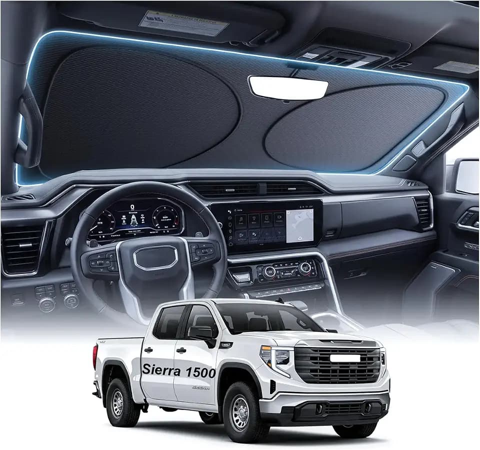 2026 Upgraded Windshield Sun Shade for GMC Sierra [Precision Custom Fit, Superior UV & Heat Block] Cooling Tech Fabric, Durable Foldable with Storage Bag, Fits 2000-2026