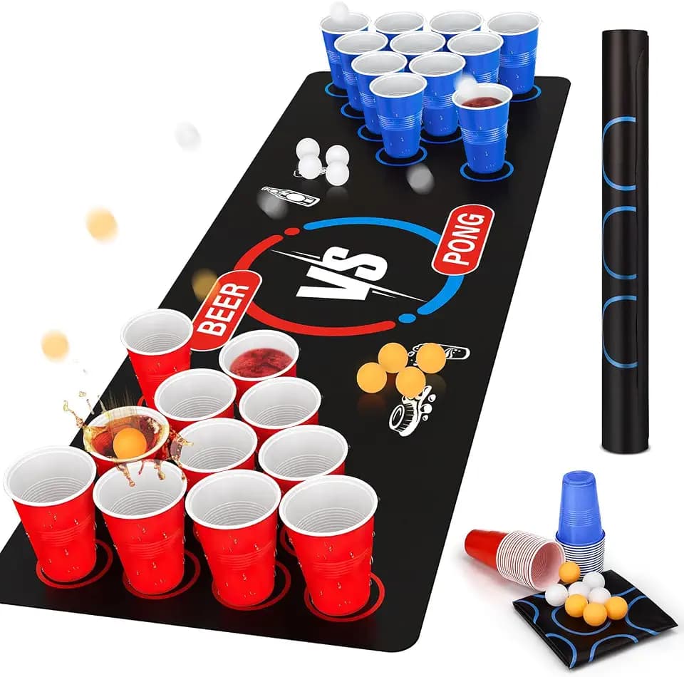 Bierpong Becher Set, Trinkspiel Tisch Matte Set, Beer Pong Becher Enthält 32 Becher (500ML) +8 Tischtennisbälle+Tischmatte, Wiederverwendbare, Für Party Trinkspiele Camping Geburtstag Hochzeit