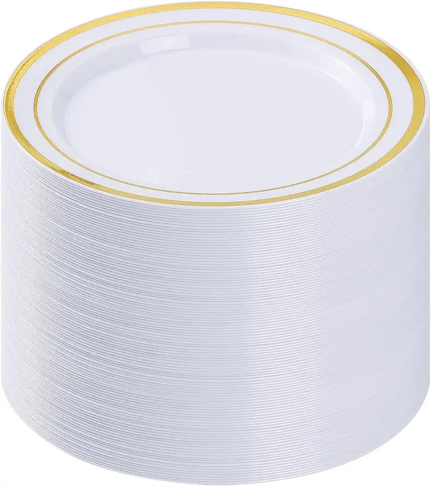 BESTVIP 100Pcs Gold Plastic Plates, 10.25 Inch Disposable Dinner Plates