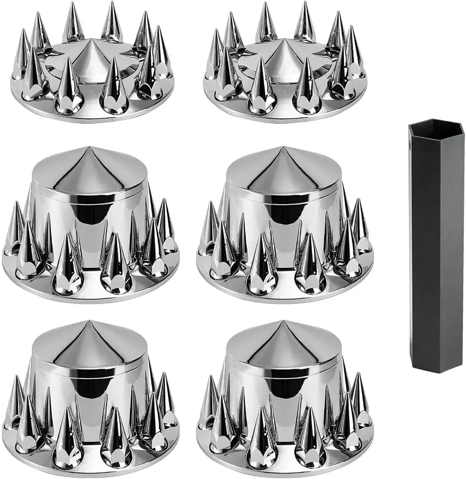 33mm Chrome ABS Plastic Axle Cover Combo Kit Thread On Lug Nut Covers with 2 Front and 4 Rear Axle Wheel Cover Removable Hub Caps for Semi Trucks (Spiked)
