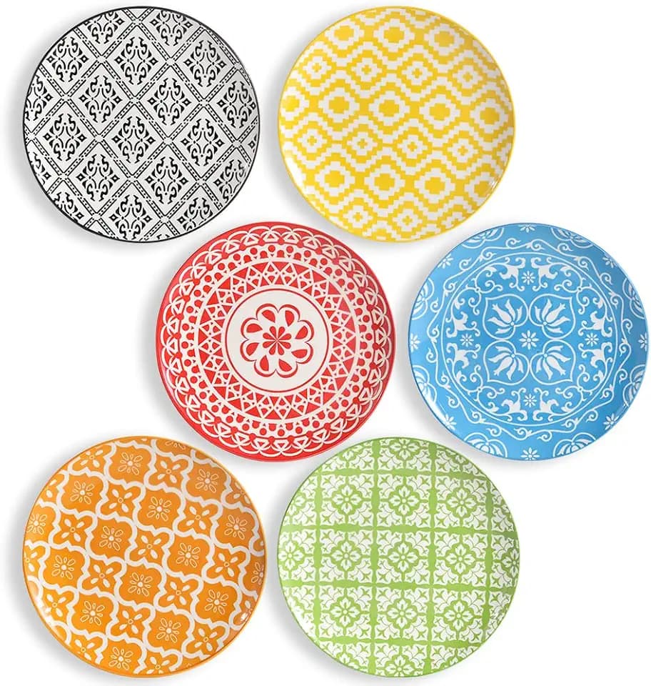AHX Speiseteller Porzellan, Essteller set 6 Personen, Ø 20.3 cm Teller Set, Keramik Dessertteller Set für Spülmaschine und Mikrowelle, Pastateller, Frühstücksteller, Kuchenteller Boho-Stil