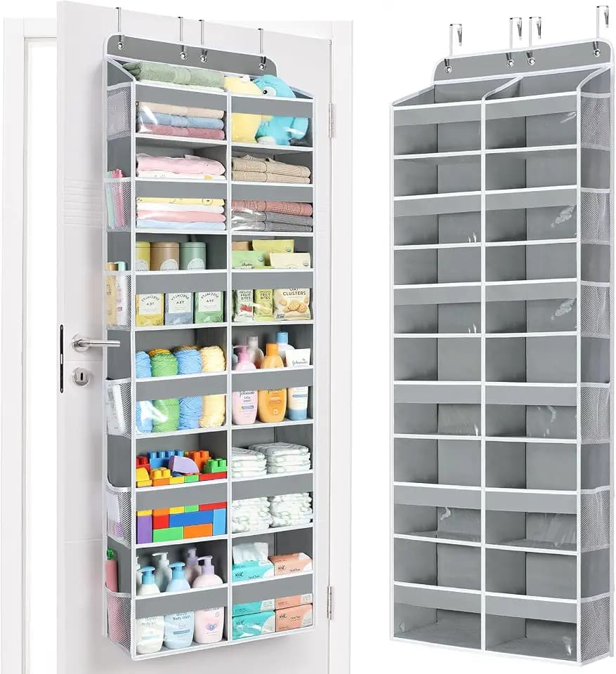 Yecaye Over The Door Organizer, 6 Tier Extra Large Behind Door Storage of 12 Compartments, 80lbs Heavy Duty Door Organizer Hanging with Clear Window for Closet Bedroom Pantry Bathroom, Grey