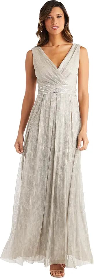 R&M Richards Women's Sleeveless Maxi Dress - V-Neck Pleated Long Formal Gown W/Rhinestone Trim - Party & Cocktail Attire