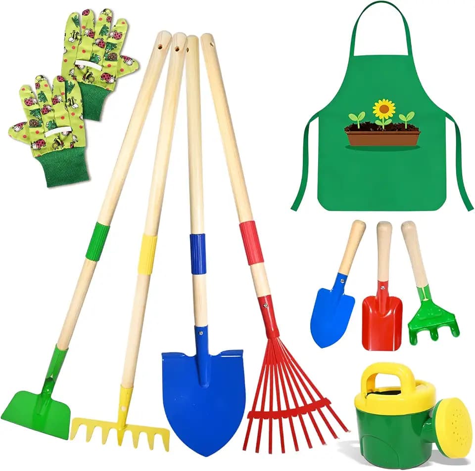 10 Stück Gartenspielzeug Kinder Erwachsene, Metall Gartengeräte Set mit Schaufel, Rechen, Gabel, Arbeitshandschuhen, Schürze, Gießkanne, Ideal Gartenwerkzeug Set für Anfänger und Familien