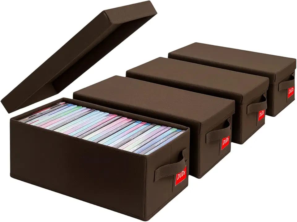 DVD Storage Box 4 Pack – Brown Sturdy Media Organizer with Lids, Holds 25 Standard DVD Cases Each, Stackable Storage Bin for DVDs, CDs, Video Games, and Discs