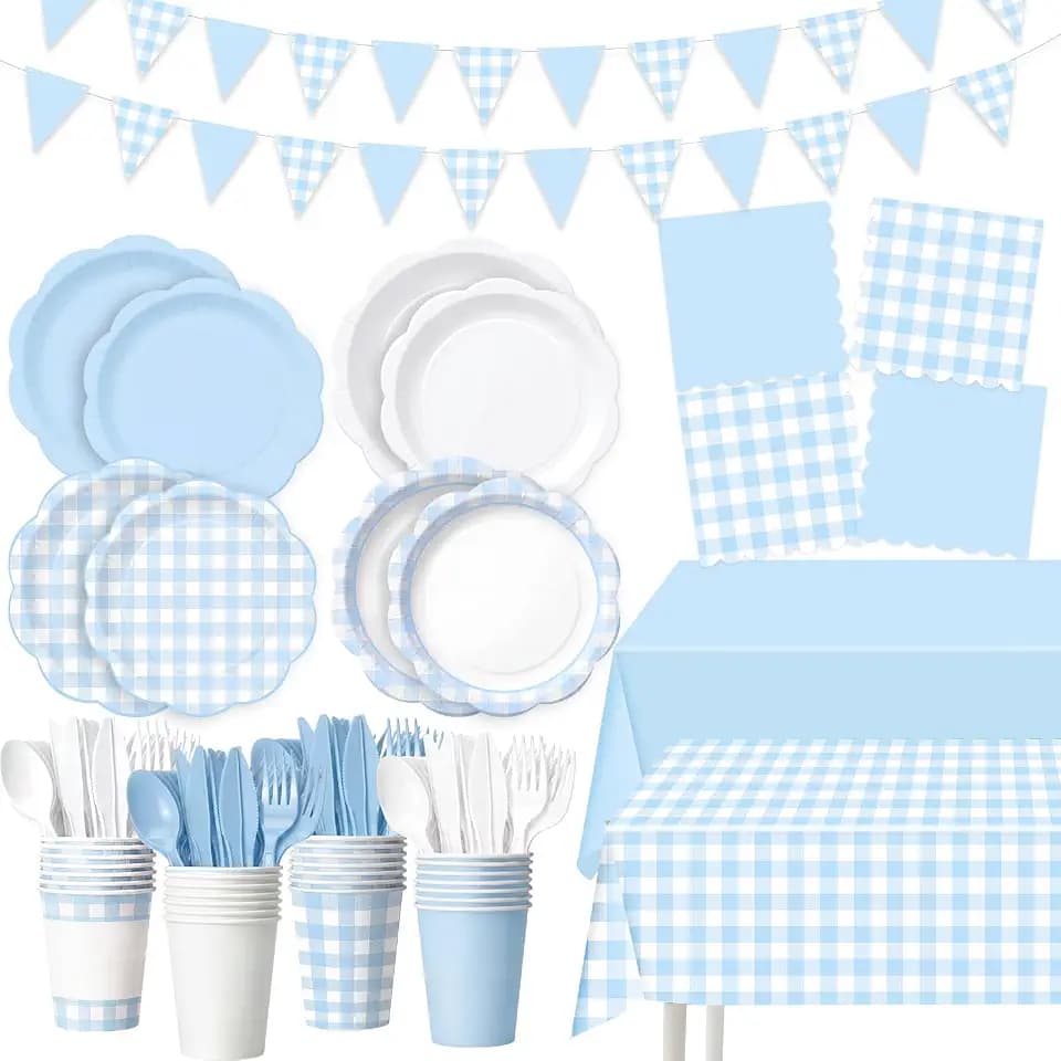 Ceenna 392 Pcs Blue Gingham Paper Plates Napkins Cup Party Supplies for 48