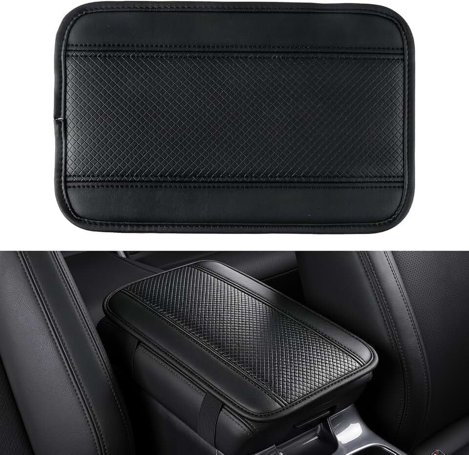 Amiss Car Center Console Cover, Upgraded Leather Car Armrest Cushion, Universal Waterproof Cushion Pad, Non-Slip Car Interior Accessories, Fits Most Sedans SUVs Trucks (Black Line)