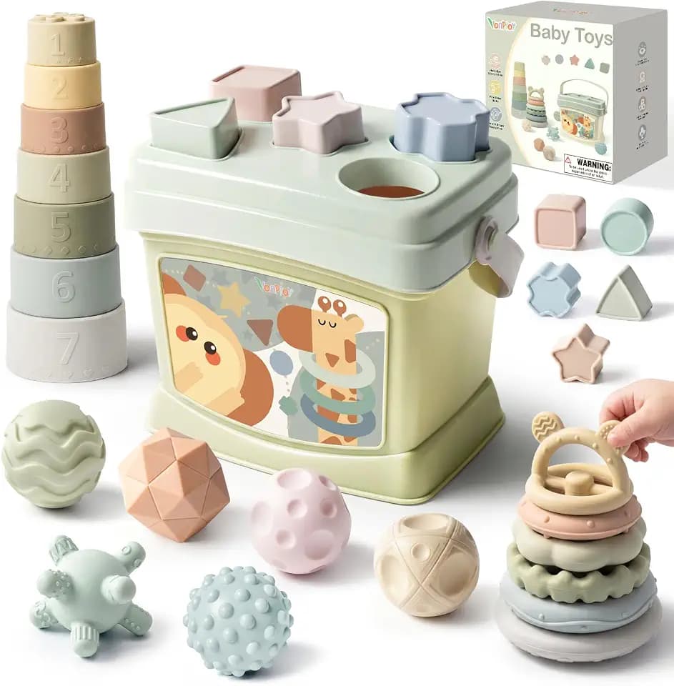 Vanplay Babyspielzeug ab 6 Monate, Montessori Spielzeug Baby 4 IN 1 Motorikspielzeug, Stapelbecher, Stapelturm, Sensorik Bälle, Baby Geschenk für 6-12 Monate Mädchen Junge