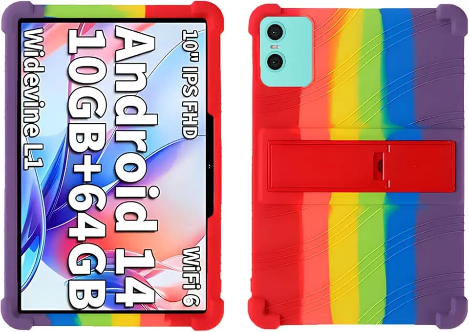 Case for Jeazans Jzpad-X10APRO/Teclast P30/P30T Tablets 10 Inch Soft Silicone Shock Proof Lightweight Stand Rubber Shell Protective Cover,Kids Friendly Soft Silicone Adjustable Stand Cover,Rainbow