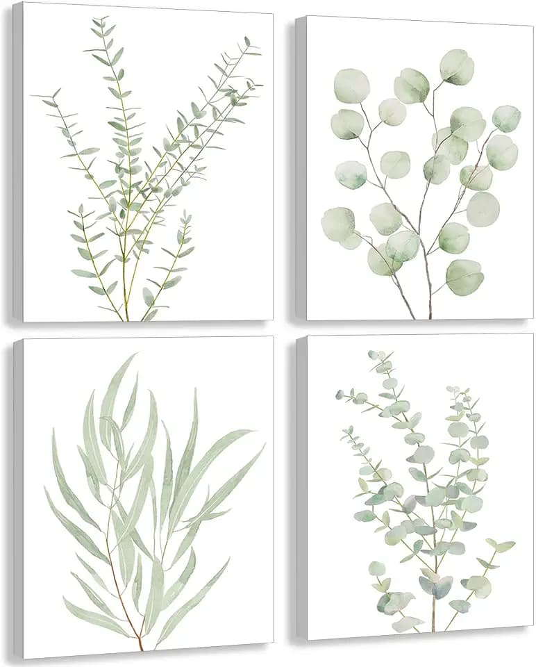 Erctoo Botanical Plant Canvas Wall Art, Framed Boho Wall Decor for Bathroom, Minimalist Aesthetic Bedroom Wall Art, Sage Green Eucalyptus Leaf Prints for Office, Set of 4PCS, 8”X10”
