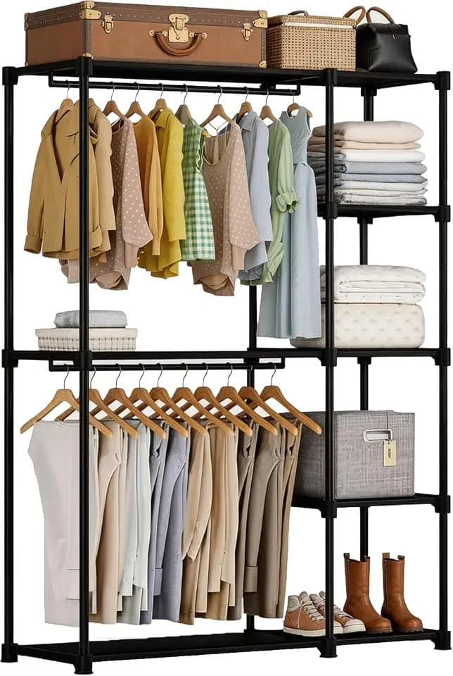 Simple Deluxe Clothes Rack, Heavy Duty Clothing Rack, 4-Shelf Portable Adjustable Wardrobe Closet with Hanging Rods, 43.8" W x 15.7" D x 64.9" H, Black