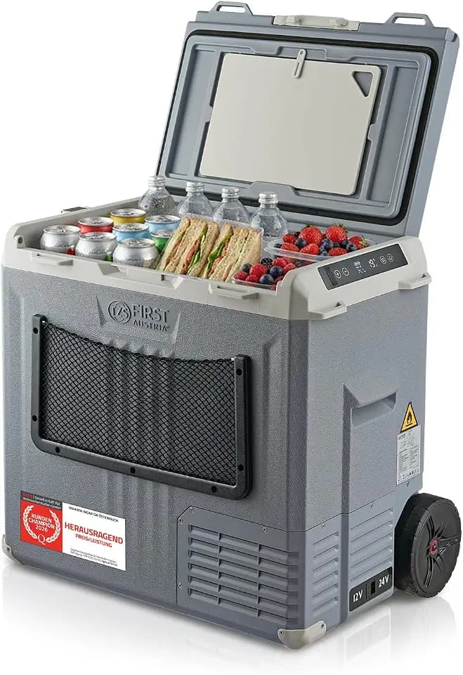 TZS First Austria - Kompressor-Kühlbox 50L - Energieklasse B - Kühlung bis -20°C - App per Bluetooth - 12/24V & 230V - USB-Ausgang - Trolley & Vollzubehör – Grau