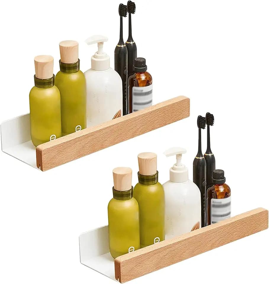 Duschablage Ohne Bohren, Wandregal Holz 2er Set Mit Kleber und Schrauben, Schwimmende Regale Wand Aufbewahrungs Regal Hängeregal Ideal, für Badezimmer Küche Wohnzimmer Büro Schlafzimmer (Hellbraun)