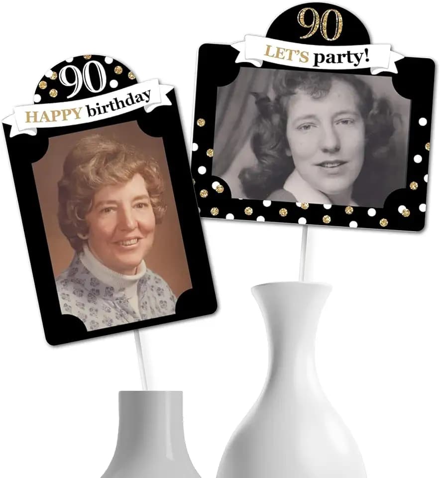 Black & Gold Adult Happy 90th Birthday - Photo Table Toppers - 15 Ct