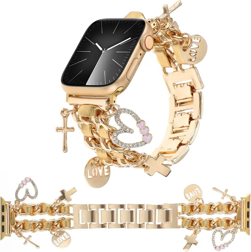 Stylish Metal Bands Compatible with Apple Watch Band 49/46/45/44/42mm 41/40/38mm Women,Cuban Chain Band with Cute Pendants Love Cross Charms Strap for iWatch Series 11 10 9 8 7 6 5 4 SE/Ultra 3 2 1