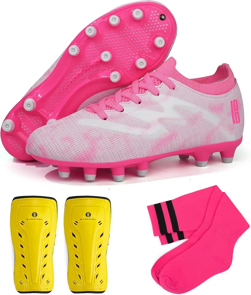JABASIC Kinder Fußballschuhe fürFirm Ground Jungen Mädchen Fußballschuhe mit Schienbeinschutzen und Fußballsocken