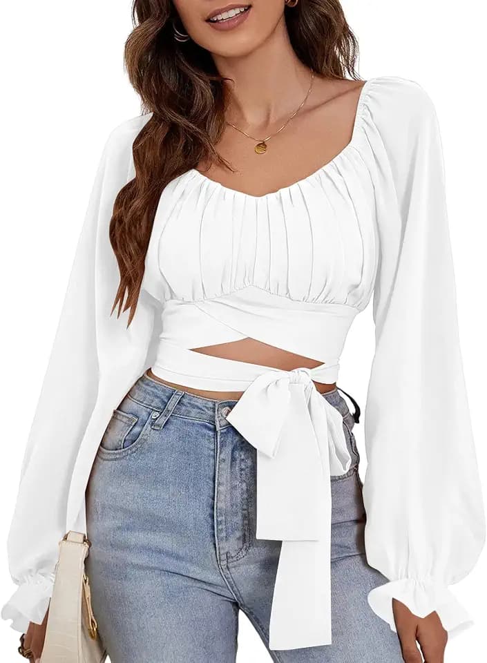 Rooscier Women's Ruched Wrap Self Tie Crop Top