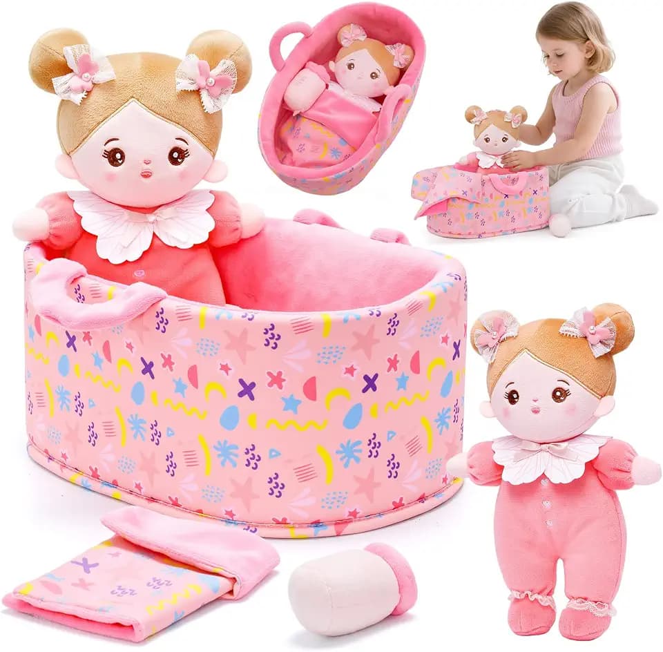 OUOZZZ Baby Doll Accessories with Soft Doll, Bassinet, Blanket and Bottle