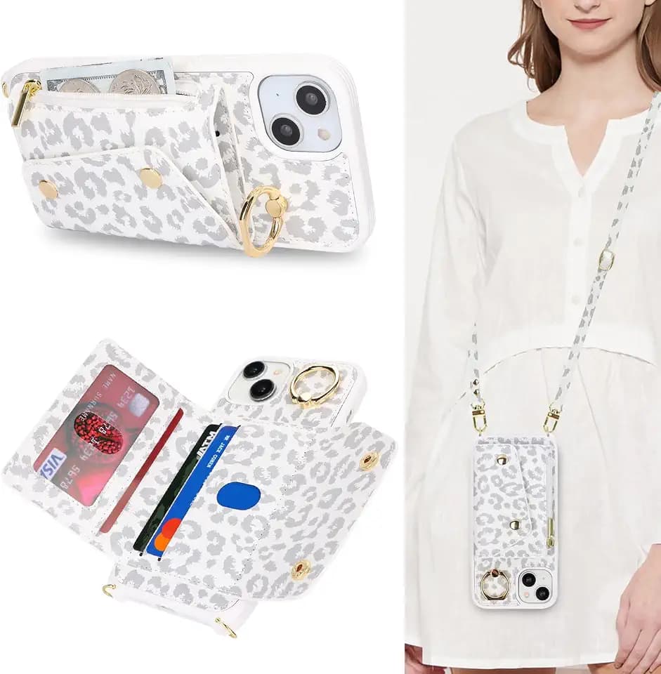 Lipvina Crossbody Wallet Case for iPhone 14,White Leopard