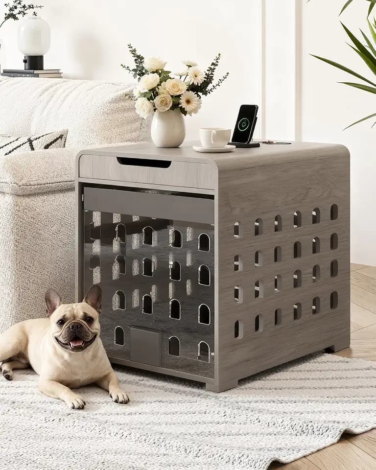 Modern Dog Crate Furniture with Charging Station Medium Kennel Indoor with Flip-up Hidden Acrylic Door for Small and Medium Breeds up to 50lb Wood Pet End Side Table Cage, Grey