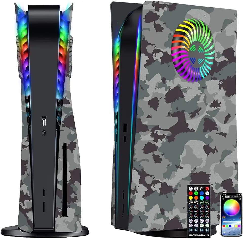 Faceplates with Kühlöffnungen RGB-Licht für PS5 Konsole, Megadream Cover Ersatzplatten Shell Zubehör Anti-Scratch Dustproof, mit LED-Beleuchtungspaket für PlayStation 5 Disc Edition (Camouflage)