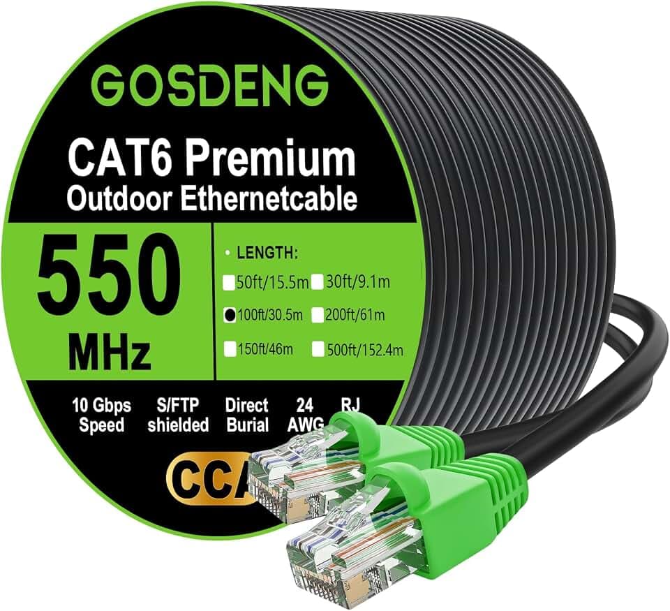 RJ45 Cat-6 Ethernet Patch Cable, 10Gpbs Transfer Speed, Gold-Plated Connectors, Copper-clad Aluminum, Outdoor, UV Resistant, Direct Burial, Waterproof, Durable, 100 Foot, Black
