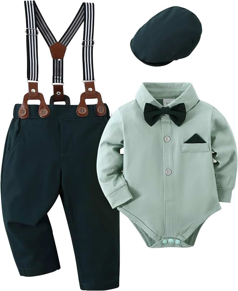 Baby Jungen Gentleman Anzug, 0-18 Monate 4tlg Kinder Hochzeit Festlich Taufe Strampler mit Bowtie Hemden + Hosenträger Overalls